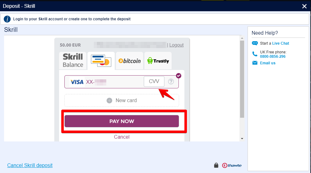 skrill deposit saved card CVV confirmation